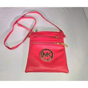 Michael Kors MK Red Leather Crossbody Bag Double Zip Gold Logo Small Purse